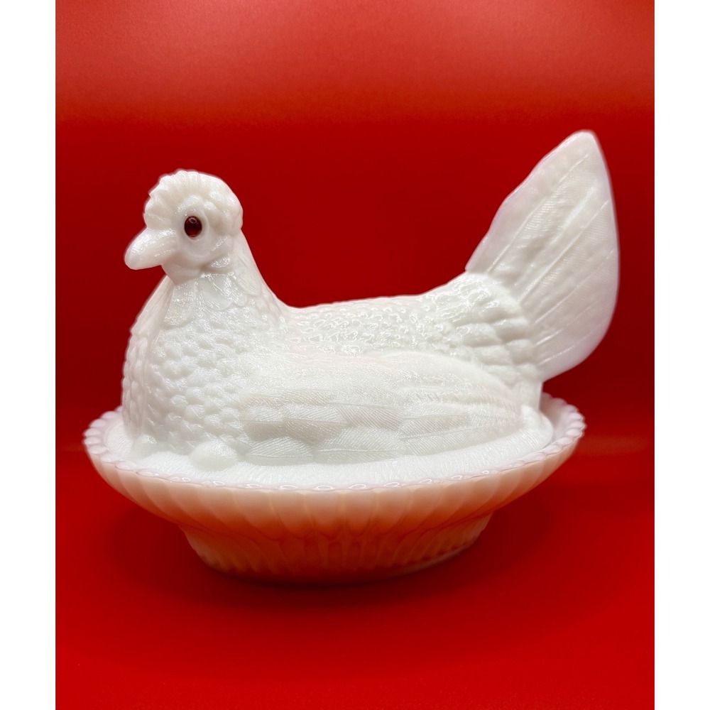 Vintage Hen on a Nest Milk-Glass Red-Bead Eyes & Split Tail (7"x5"x6")